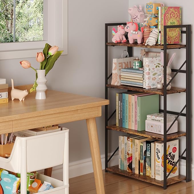 JSB No Assembly Folding Bookshelf, 4 Tier Industrial Metal Book Shelf for Sto...