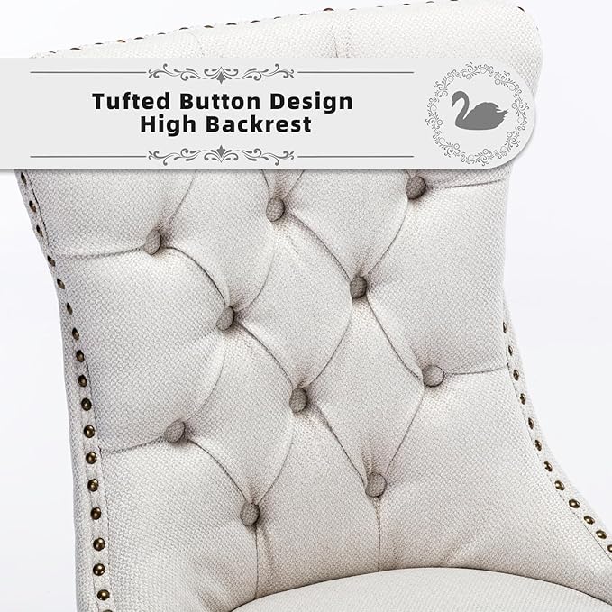 Linen Upholstered Dining Chairs Set of 6, Modern Style Kitchen Side Chairs with Nailhead Trim and Wood Leg, Metal Pulling Ring for Dining Room Living Room, Beige