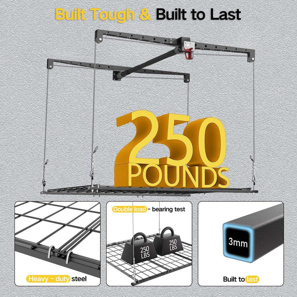 Garage Ceiling Storage Rack, 4x4 Ft Adjustable Overhead Garage Storage Rack Lift, Heavy-Duty Ceiling Mounted Storage Lift System for Garage Organization, 250lbs Weight Capacity