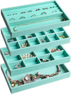Frebeauty Jewelry Organizer Tray,Stackable Velvet Jewelry Trays,Drawer Inserts Earring Organizer For Women Jewelry Storage Display Case for Rings Stud Necklaces,Set of 4(Turquoise)