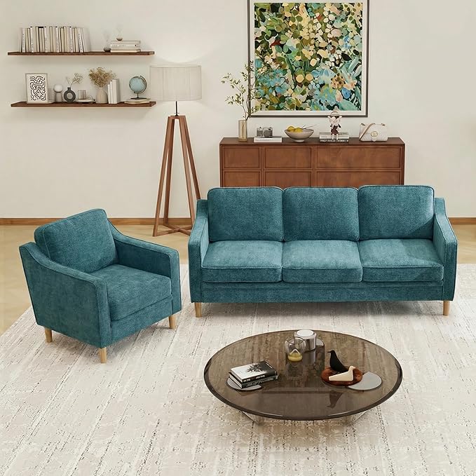 Kingfun Living Room Furniture Sets, 3 Seater Couch and Armchair, Mid Century Modern Sofa Set, Chenille Couch with Solid Wood Frame for Living Room & Bedroom, Water Green