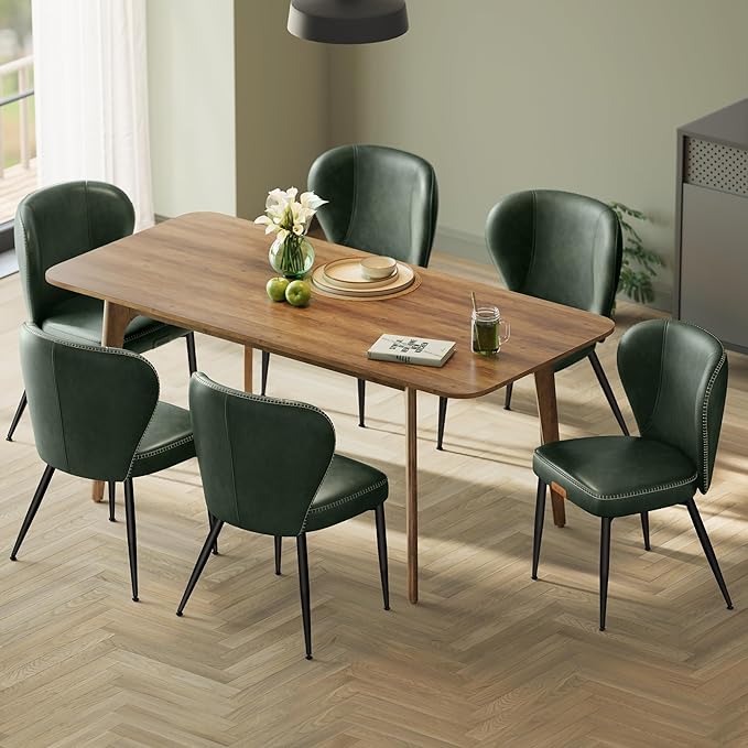VASAGLE EKHO Collection - Dining Chairs Set of 6, Upholstered Kitchen Chairs, Comfortable Seat, Synthetic Leather with Stitching, Mid-Century Modern, Easy Assembly, Living Room Lounge, Forest Green