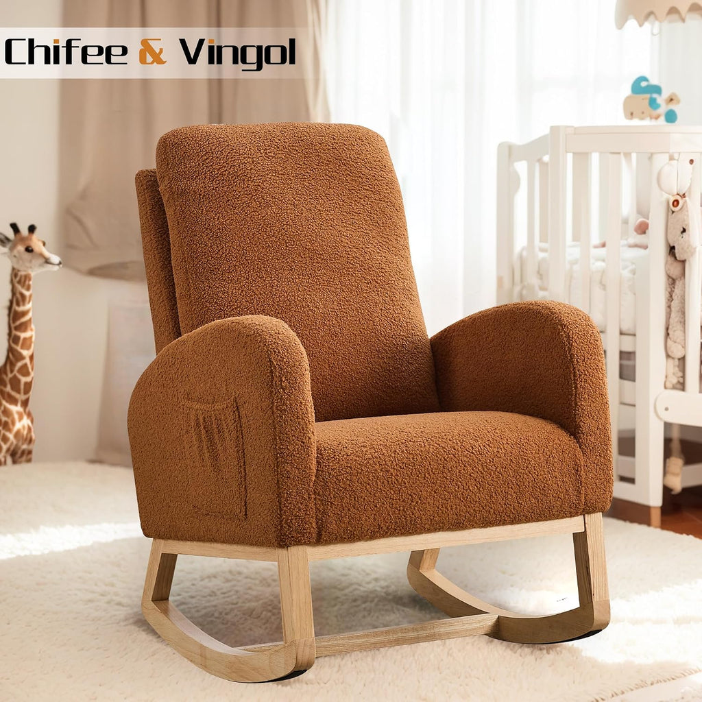 Chifee & Vingol Rocking Chair Nursery Sherpa Boucle Nursing Glider Rocker Chair, Teddy Brown