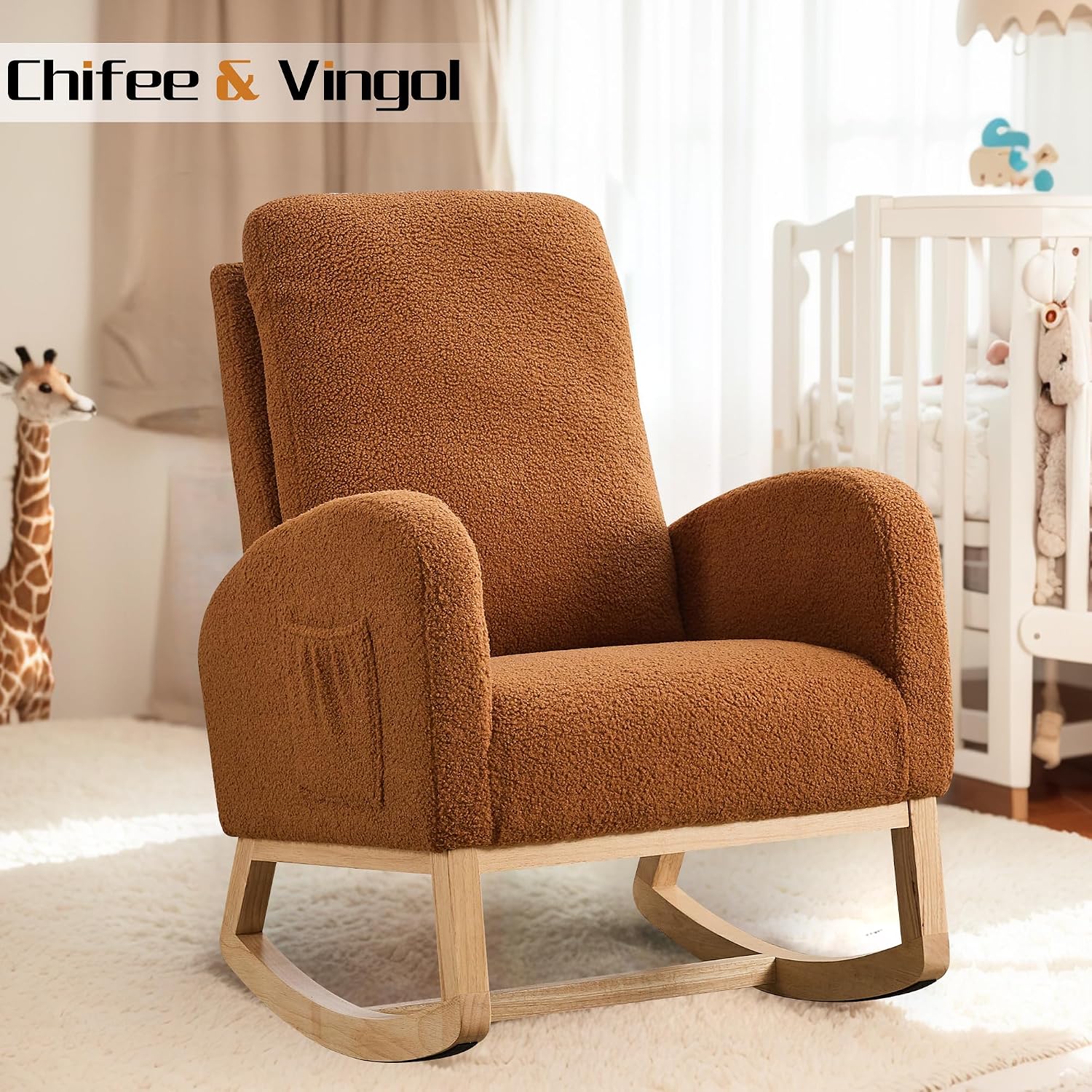 Chifee & Vingol Rocking Chair Nursery Sherpa Boucle Nursing Glider Rocker Chair, Teddy Brown