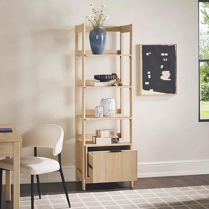 Walker Edison Transitional Reeded Narrow Open Bookshelf with Drawer Home Office Living Room, Bedroom, 4-Shelf Bookcase with Bottom Storage, 22 Inch, Coastal Oak