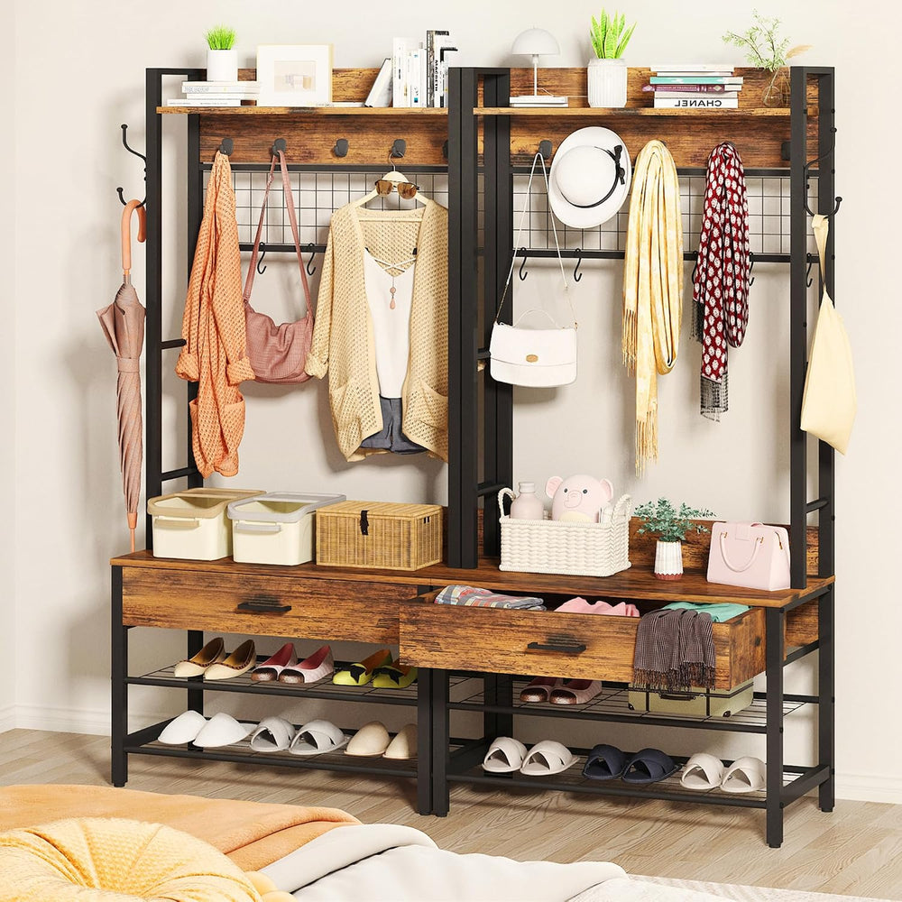 DKLGG Hall Tree with Bench and Shoe Storage for Entryway, 5-in-1 Coat Rack wi...