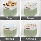HNZIGE Foldable Storage Cubes & Baskets (3 Pack) - 13 Inch Storage Bin with Leather Handles for Toys, Clothes, Kids (White & Green)
