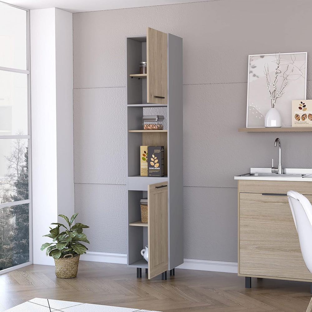 2 Door 2 Shelf Kitchen Pantry Light Pine and Gray