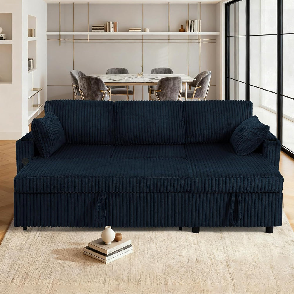 84" Corduroy Pull Out Sofa Bed w/Adjustable Backrests, Blue