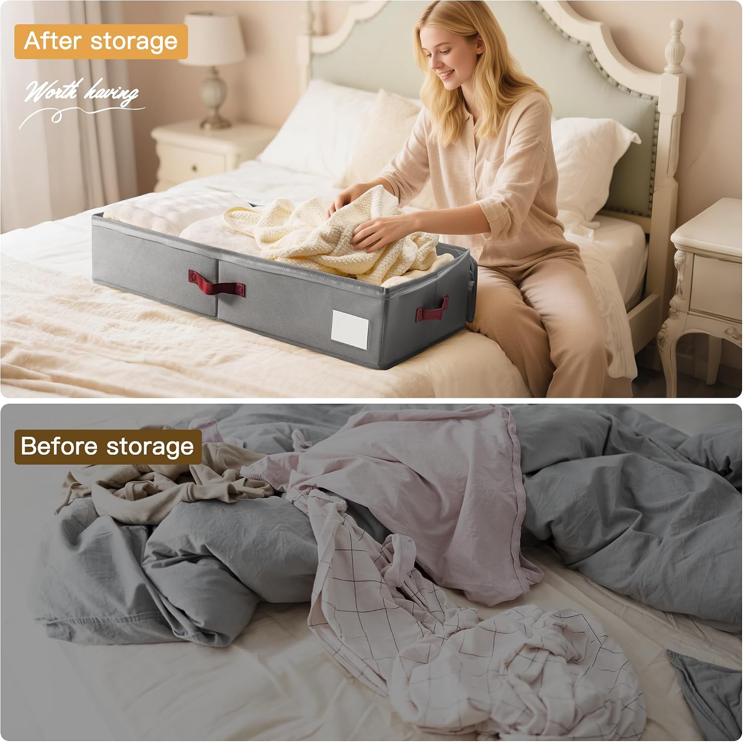 Under Bed Storage Bins with Clear PVC Lids – 2 Pack Large Underbed Organizers with Heavy-Duty Handles, Reinforced with 800G PP Panels & 80G Non-Woven Fabric – Waterproof & Foldable, Gery