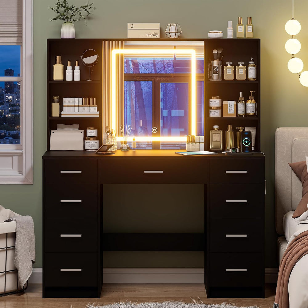 Black Vanity Desk with Mirror and Lights,Makeup Vanity with 9 Drawers, 6 Shel...
