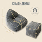 Bean Bag Chair with Ottoman, Bean Bag Sofa,Accent Chairs,Corduroy Fabric, Comfortable Reading Chairs for Living Room, Bedroom, Reading Nook,Modern Lounge Reclining Chair with Footrest (GRAY, Medium)