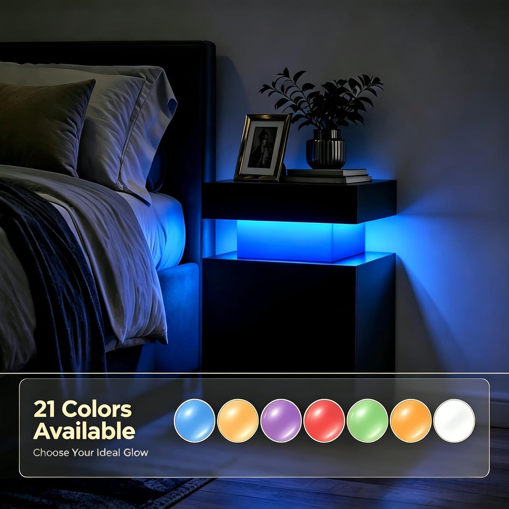 Black Nightstands Set of 2, LED End Table for Bedroom, Modern Bedside Table w...