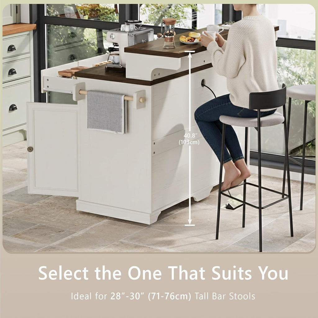 53.2" Two-Tier Kitchen Island with Power Outlet, Rustic White | Rolling Bar Cabinet with Storage, 4 Door Shelves, Adjustable Shelves, 3 Drawers for Kitchen