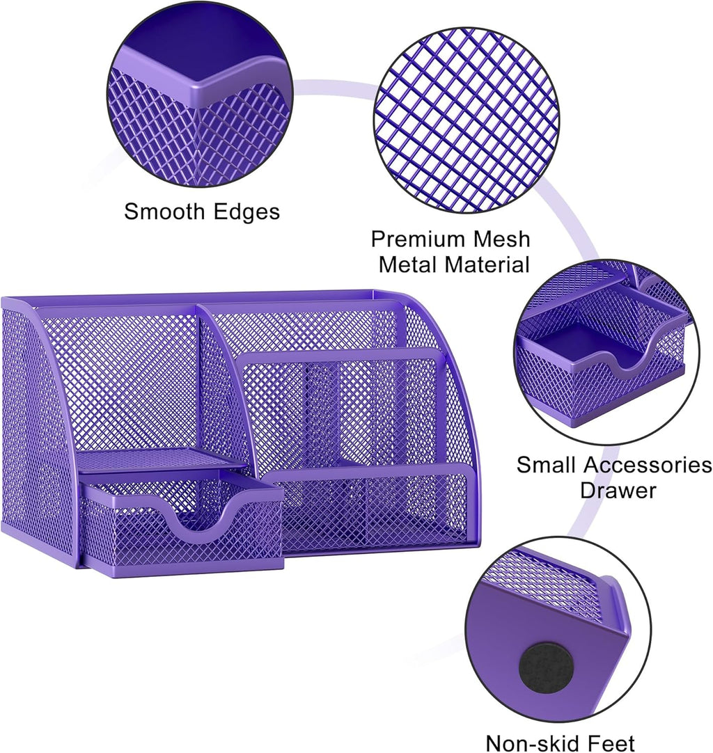 EasyPAG Mesh Desk Organizer with Drawer Multi-functional Pen Holder Stationery Organizer for Office School Supplies 6 Compartments Dorm Organizers and Storage for Desk, Purple