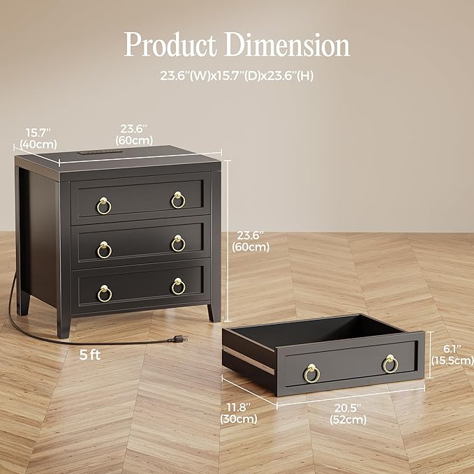 Huuger 23.6 Inch Night Stand with Charger Station and USB-C Port, 3 Drawer Nightstand, Larger Wider Bedside Table, Modern Side End Table, for Bedroom, Black Nightstand