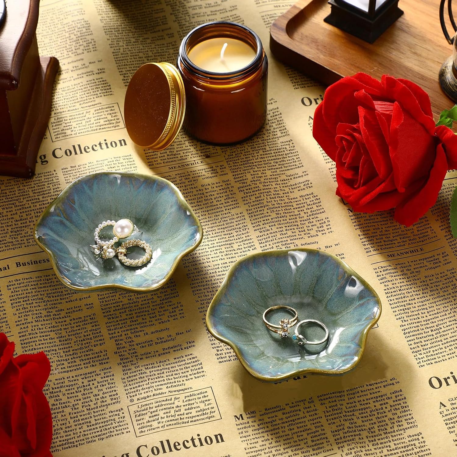 Teenyyou 8 Pcs Ceramic Jewelry Dish Bulk Trinket Jewelry Tray Lotus Leaf Small Ring Dish for Earrings, Rings, Key Bowl(Dark Green)