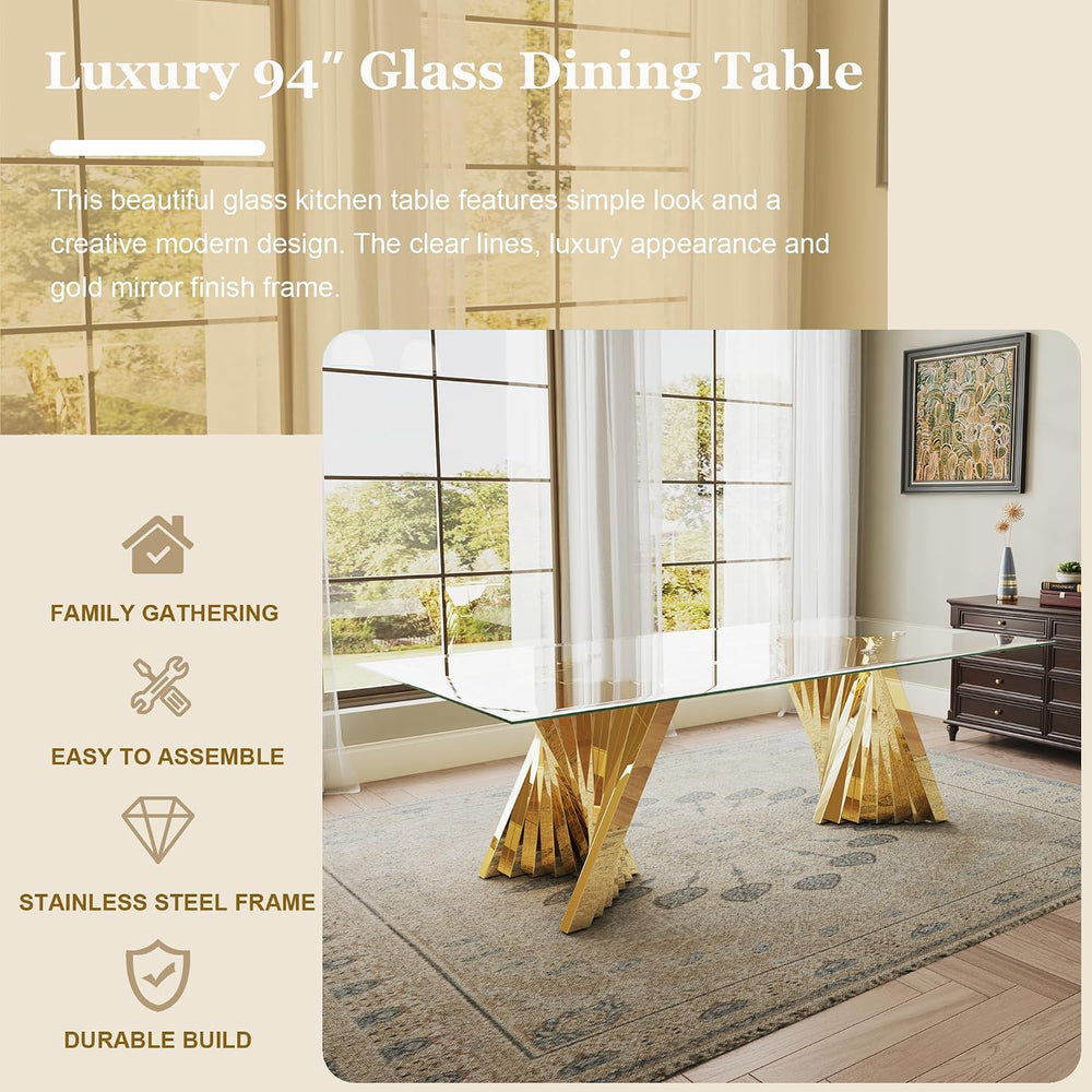 Luxury 94" Glass Dining Table for 8-10 People, Modern Rectangle Tempered...