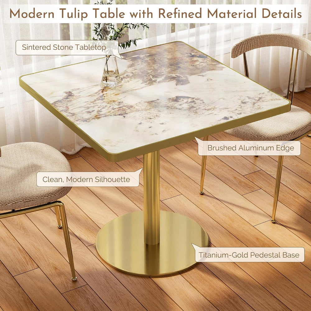 31.5 Inch Square Tulip Table with Thickened Sintered Stone Tabletop & Gol...