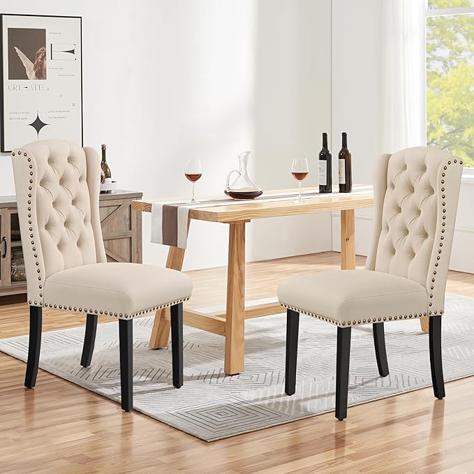 Yaheetech Upholstered Dining Chairs Set of 4 Button Tufted Kitchen Chairs with Solid Wood Legs and Nailhead Trims for Dining Room, Living Room, Restaurant, Beige