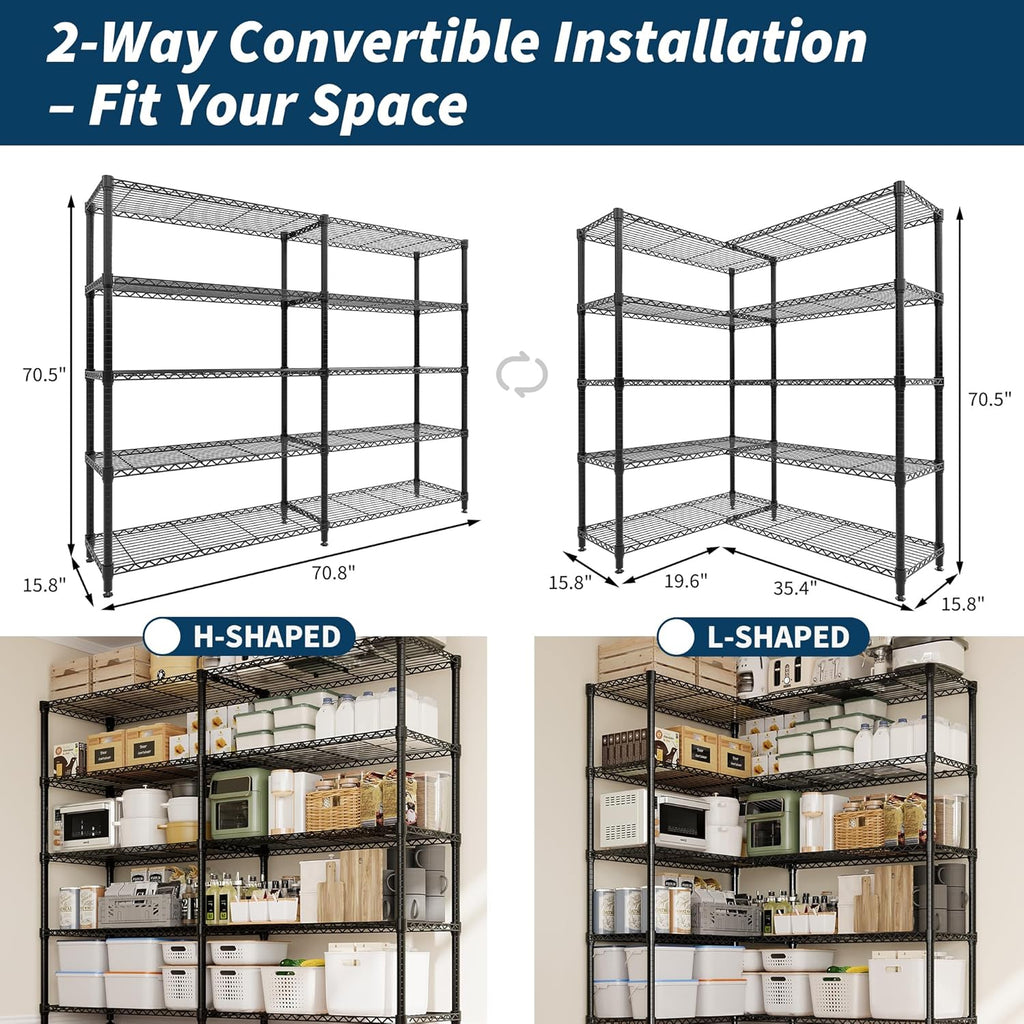 5 Tier Storage Shelving Unit Metal Shelves 70" W Wire Shelving, 70" H L-Shaped Pantry Shelves Kitchen Storage Shelves for Home Commercial Garage Heavy Duty, 70.8" H x 70.4" W x 15.7" D