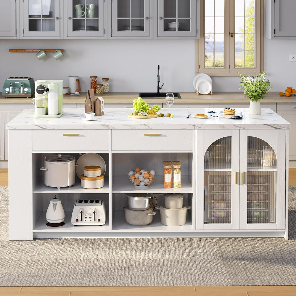 IBF 71" Modern Large Kitchen Island with Storage, White Faux Marble &amp...
