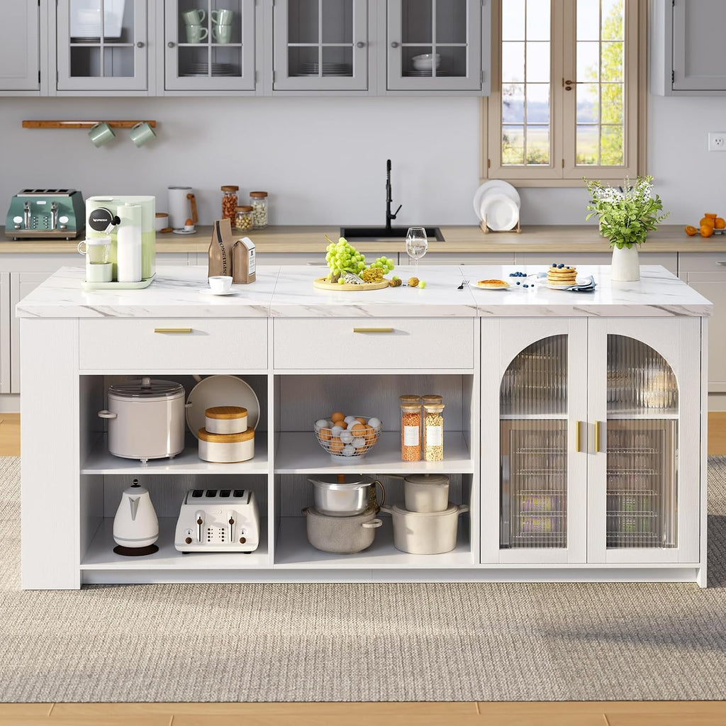 IBF 71" Modern Large Kitchen Island with Storage, White Faux Marble & White | Wood Island Table with Seating for 4, Stationary Island Cabinet with Drawers & Fridge Space, Counter Height Island Bar