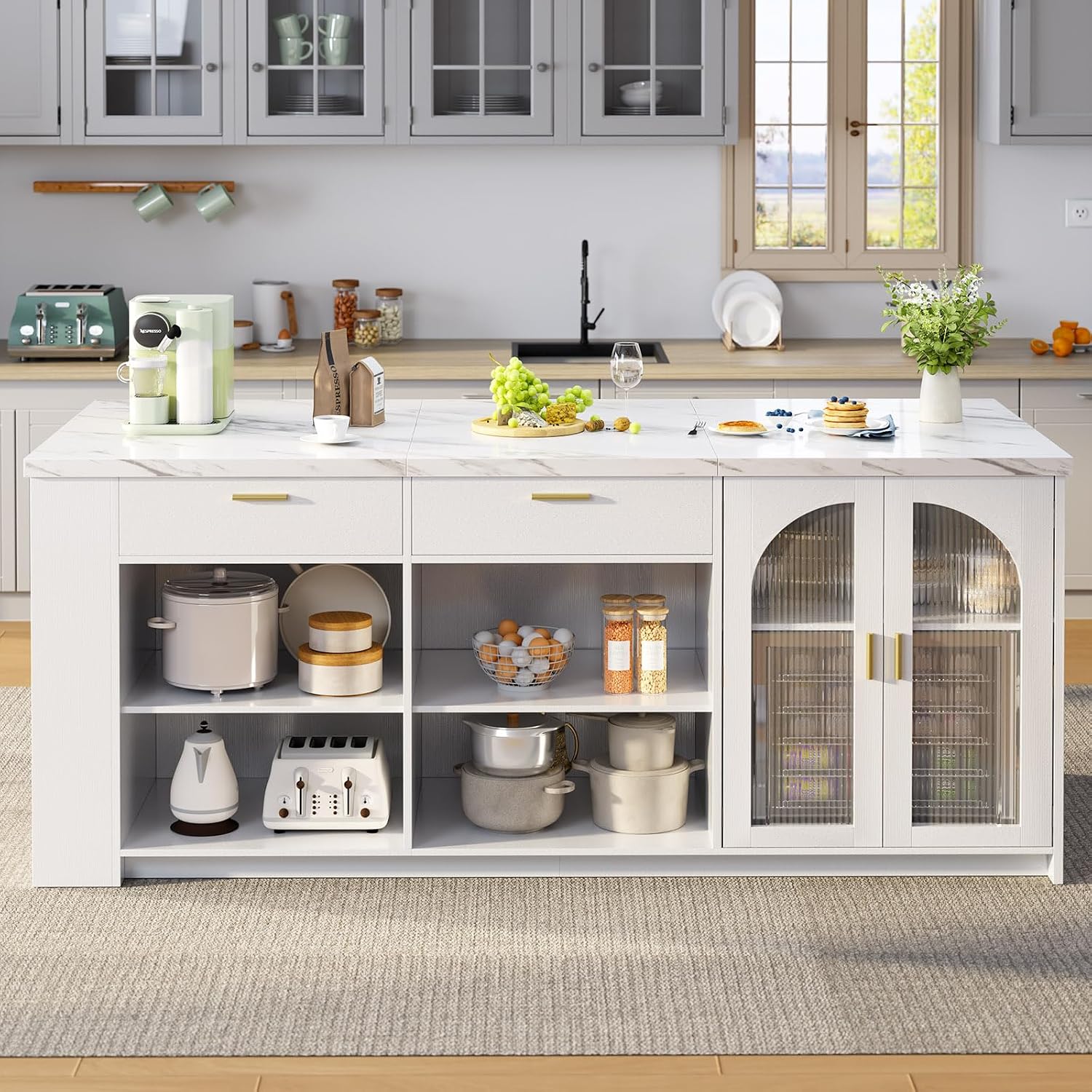 IBF 71" Modern Large Kitchen Island with Storage, White Faux Marble & White | Wood Island Table with Seating for 4, Stationary Island Cabinet with Drawers & Fridge Space, Counter Height Island Bar