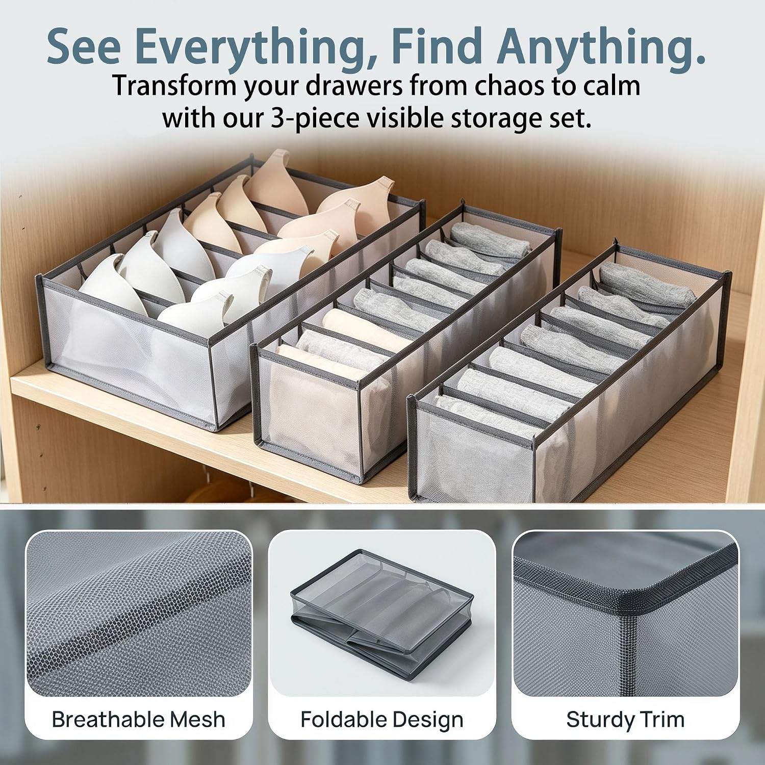 3 Pack Underwear Drawer Organizer - Foldable Fabric Storage Bins for Dresser & Closet, Sock and Bra Dividers, 3 Sizes for Bedroom Organization (Gray）