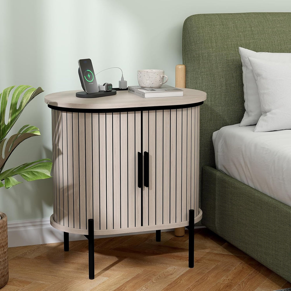 Bonzy Home Round Nightstand with Storage, Fluted Side Table with Charging Sta...
