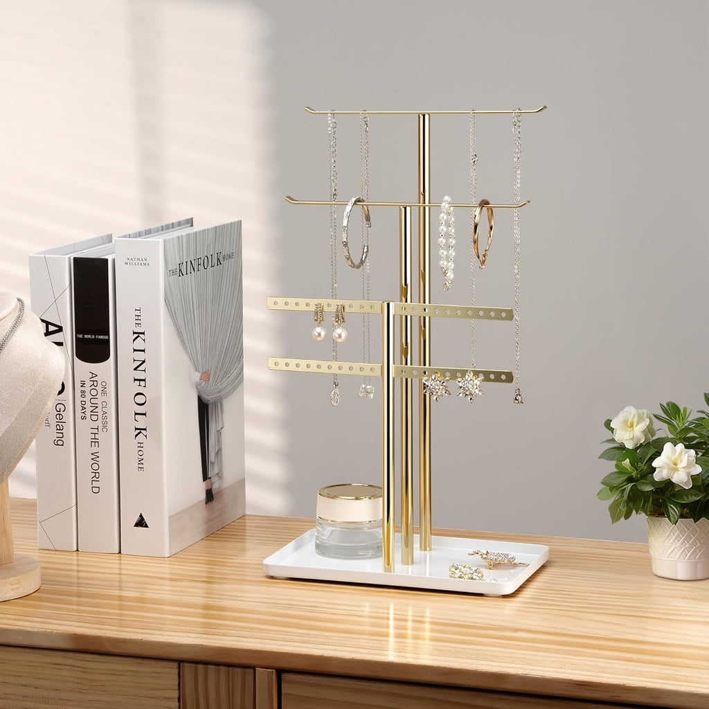 pickpiff Jewelry Stand Organizer Necklace Holder- 14.5" Sturdy Earring and Bracelet Display Hanger, Mirrored Gold, Aesthetic Room Decor