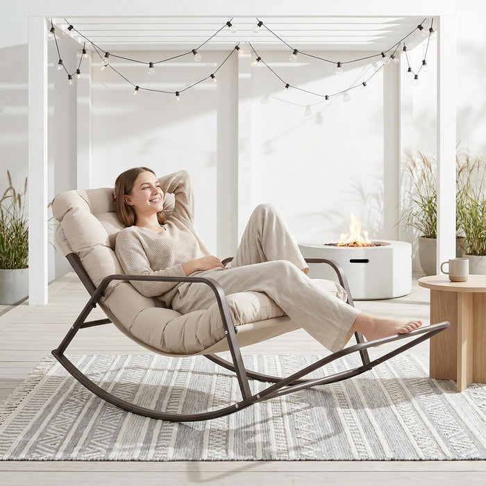 NICESOUL Papasan Rocking Chair with Footrest, Outdoor Rocking Chair with Cushion, Oversized Patio Rocker, Recliner-Style Comfort, Heavy Duty Steel Frame, Indoor Balcony Backyard, Beige