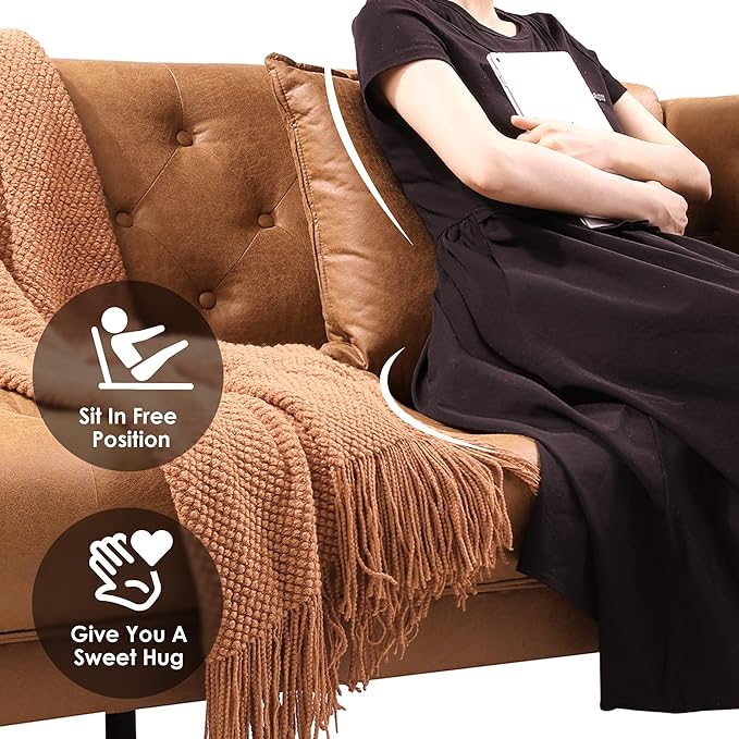 HIFIT 79" W Brown Faux Leather Sofa Couch with 2 Pillows, 3 Seater Couches for Living Room, Handmade Button Tufted Cushions and Metal Legs, Modern Leather Sofa for Apartment, Office