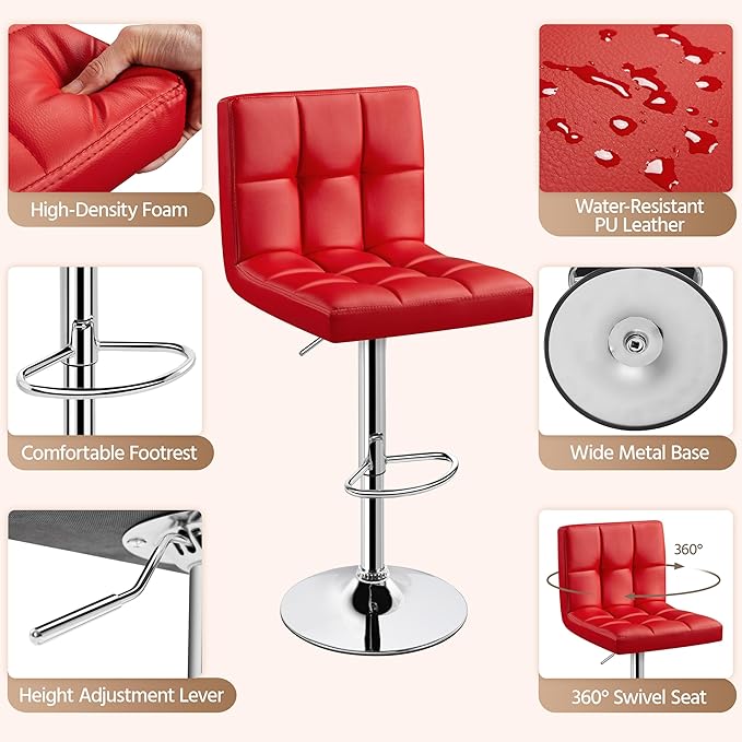 Yaheetech Bar Stools Set of 4, Adjustable PU Leather Swivel Barstools, Modern Counter Stools with Back and Footrest, Counter Height Barstools for Bar, Kitchen, Dining Room, Red
