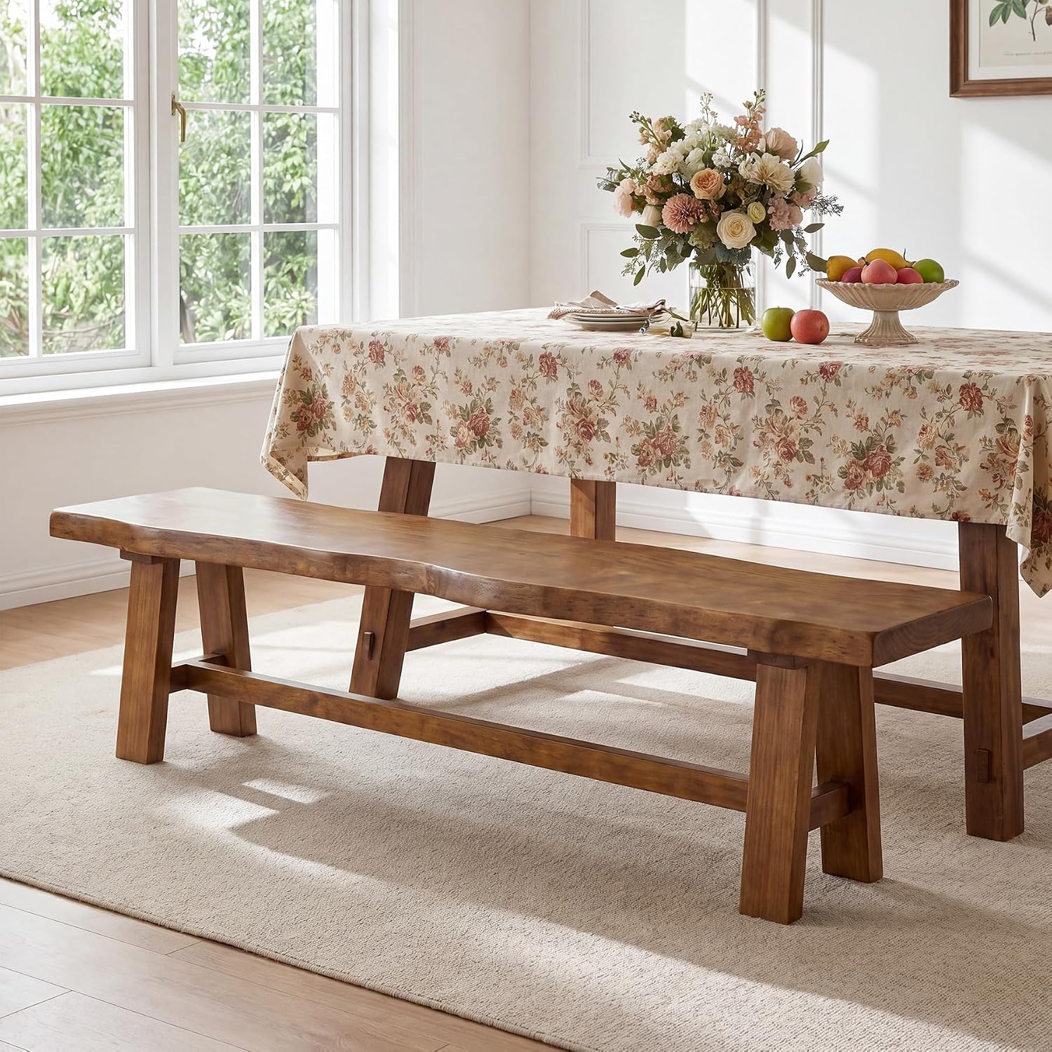 63" Long Solid Wood Dining Bench, Farmhouse Entryway Bench with Angled Legs for Dining Room, Kitchen, Entryway, Rustic Brown