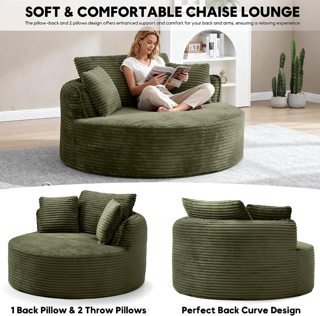 Oversized Round Chair Lounge Chaise Indoor, 53.5" Upholstered Corduroy Deep Seat Single Cloud Sofa Chair, Fluffy Modern Large Circle Boneless Sleeper Sofa for Living Room, Bedroom, Green