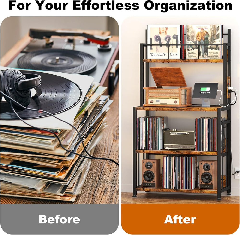 Record Player Stand with Power Outlets,Vinyl Display and Storage shelf | 4-Ti...
