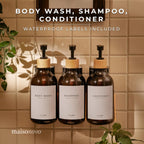 MaisoNovo Shampoo and Conditioner Dispenser - Shower Soap Dispenser Wall Mounted - 16.9 fl oz Set of 3 Amber Plastic Bottles Black Bamboo Pump - Shampoo Dispenser, Shower Dispenser 3 Chamber No Drill
