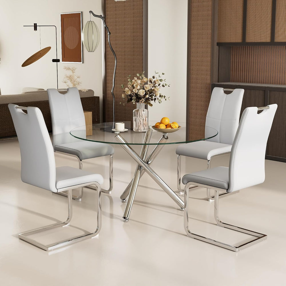 Modern Luxury Round Glass Dining Set for 4, 5 Pieces Clear Circle Glass Kitch...