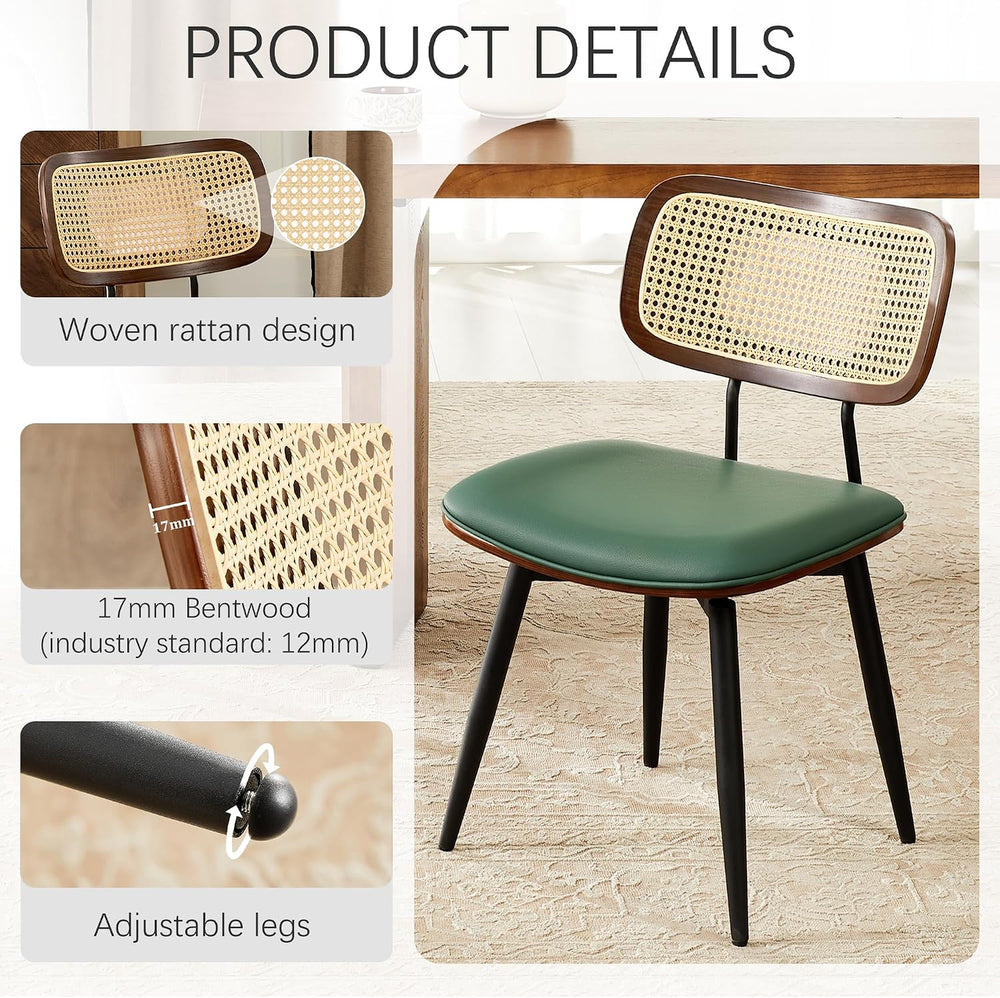 Dining Chairs, Set of 4, Modern, Green, Rattan & Faux Leather, Swivel wit...