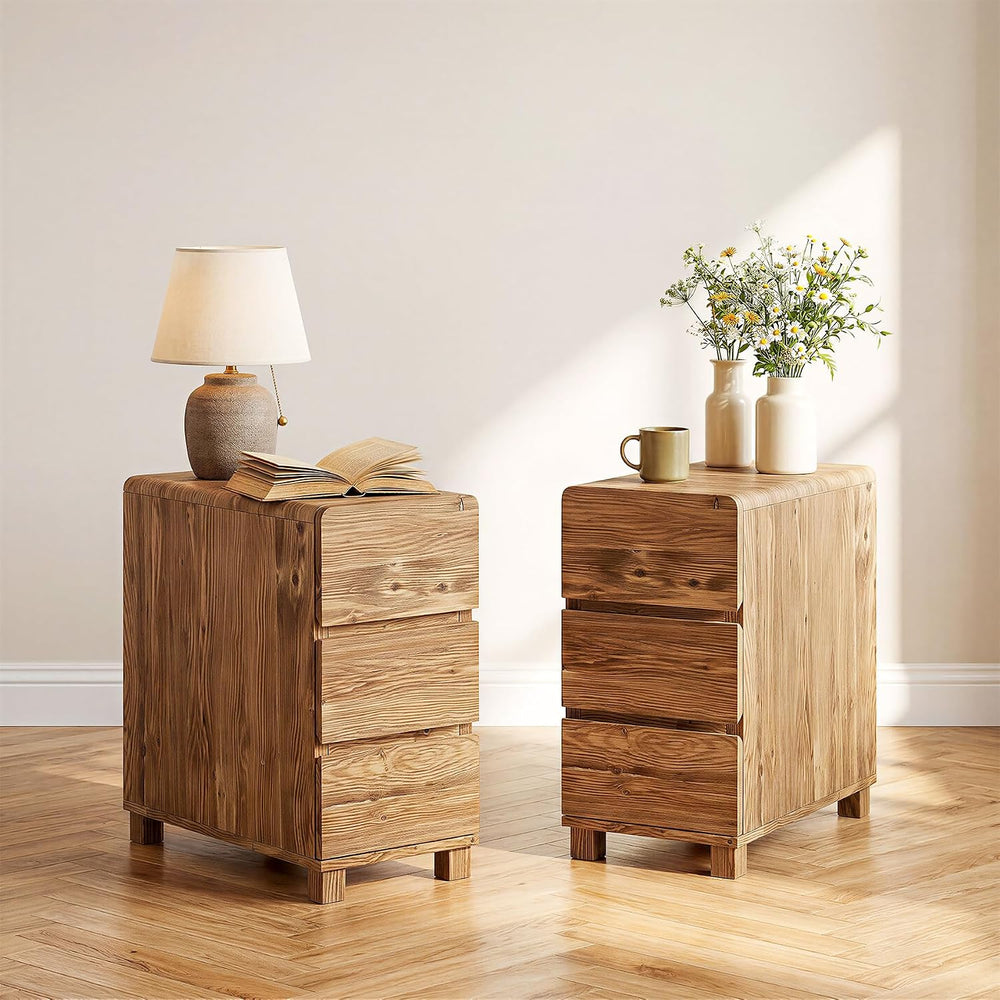 Set of 2 3 Drawers Solid Wood Side End Table for Living Room, Rustic Farmhous...