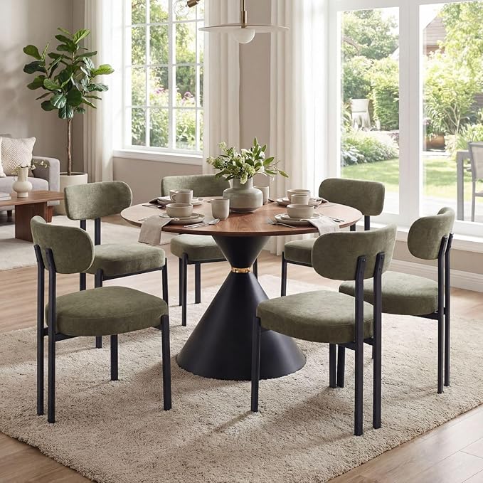 LukeAlon Chenille Dining Chairs Set of 4, Modern Upholstered Armless Kitchen Chairs with Black Metal Legs Curved Back Dining Room Chairs Reception Chair for Living Room Office, Green