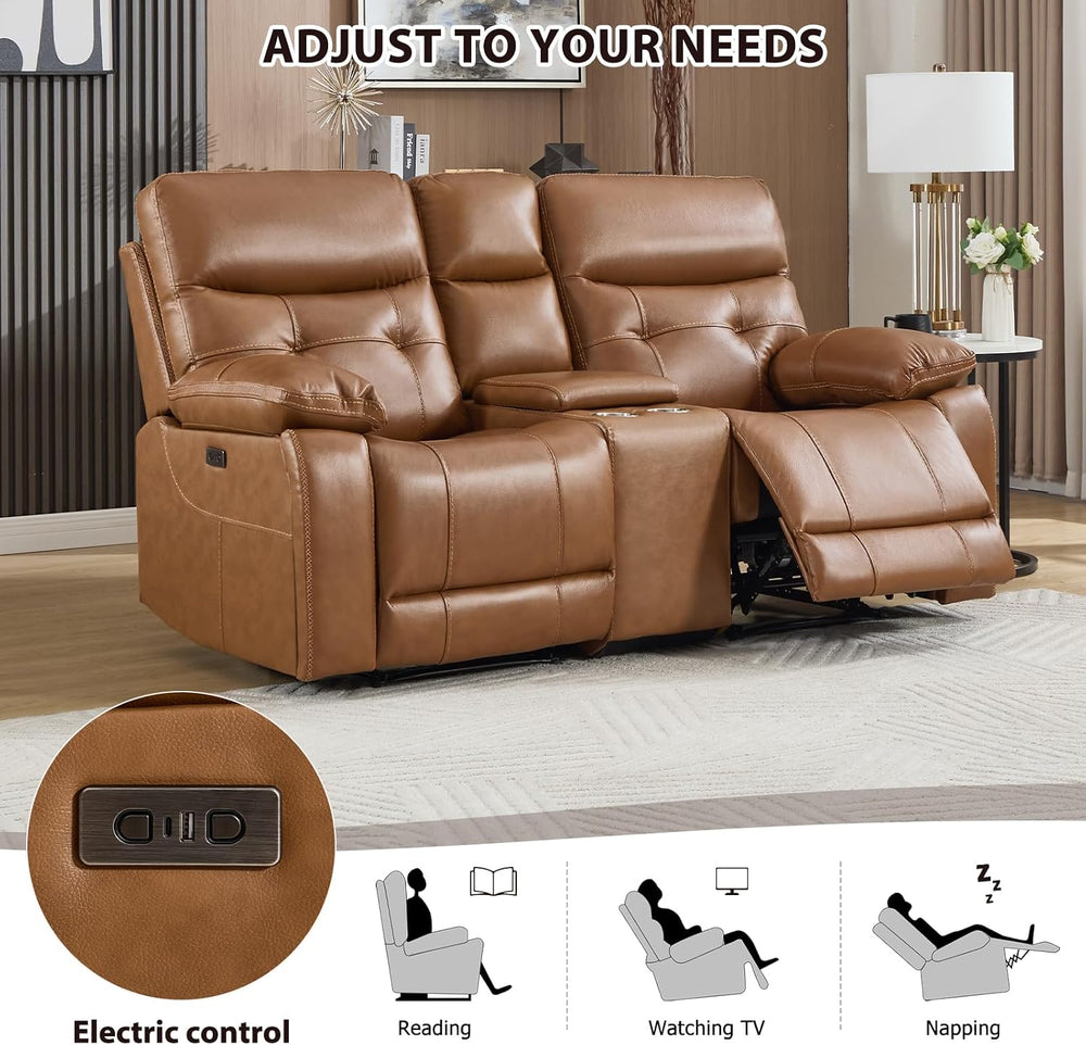 CANMOV Genuine Leather Power Recliner Loveseat, 2 Seat Loveseat Reclining Sof...