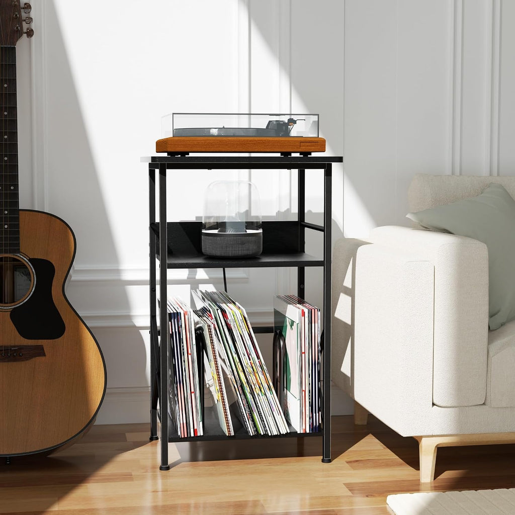 DALEMHOME Record Player Stand with Charging Station, 3-Tier Side Table for 100 Vinyl Storage, End Table for Living Room, Bedroom, Black HKET1002BK