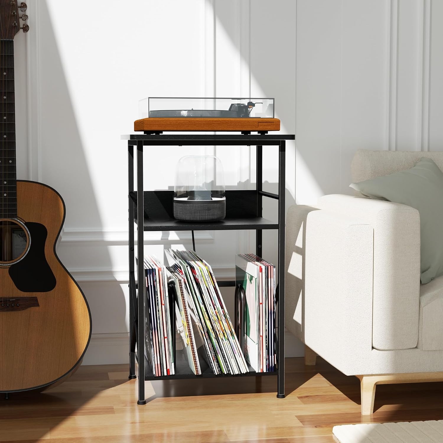 DALEMHOME Record Player Stand with Charging Station, 3-Tier Side Table for 100 Vinyl Storage, End Table for Living Room, Bedroom, Black HKET1002BK