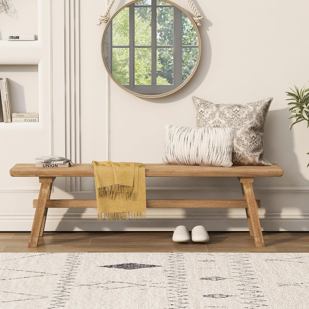 Solid Wood Bench 55 in, Rustic Farmhouse Entryway Bench with Storage, Indoor ...