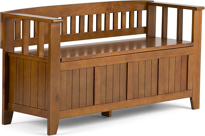 SIMPLIHOME Acadian Entryway Storage Bench - 48 inch Wide Solid Wood Hallway Seat in Light Avalon Brown, Transitional Bench for Entryway or Living Room with Lift-Up Lid and Spacious Storage
