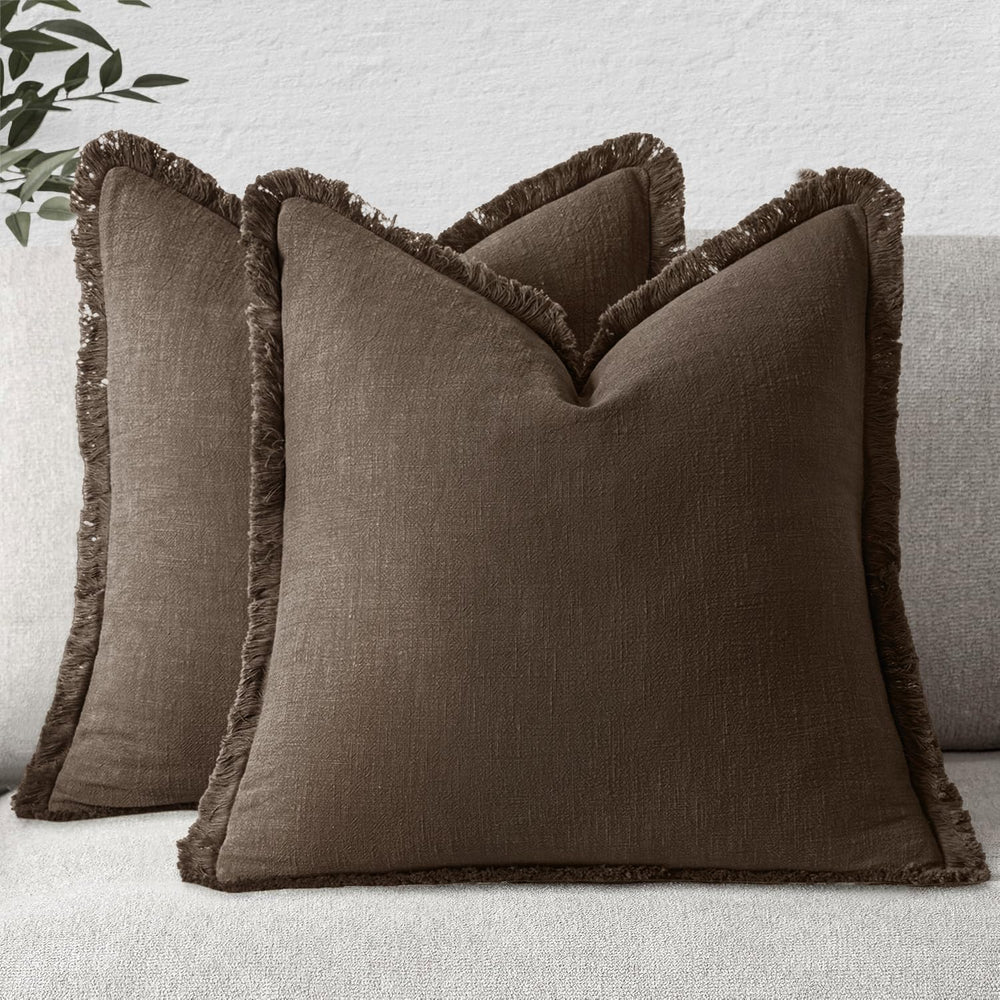 MIULEE Linen Fringe Decorative Fall Pillow Covers Chocolate Brown 20x20