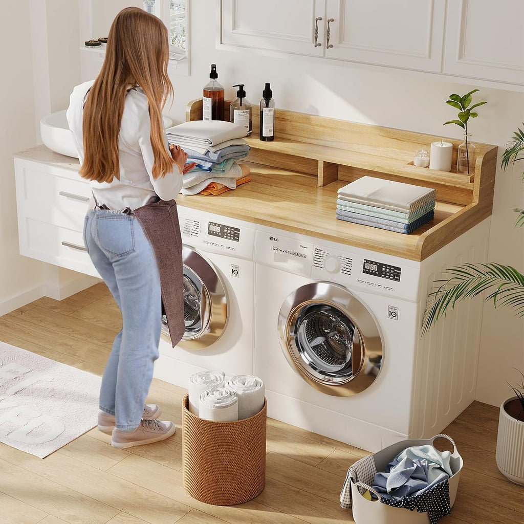 2-Tier Washer Dryer Countertop with 2.75" H Edge Rails, 58" W x 28" D Laundry Countertop for Folding Clothes, Washer and Dryer Topper with Non-Slip Pad (Pure Wood Color)