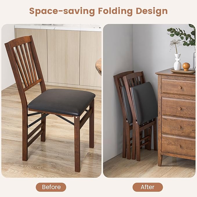 Giantex Folding Dining Chairs Set of 2, Foldable Wood Kitchen Chairs with Pad...